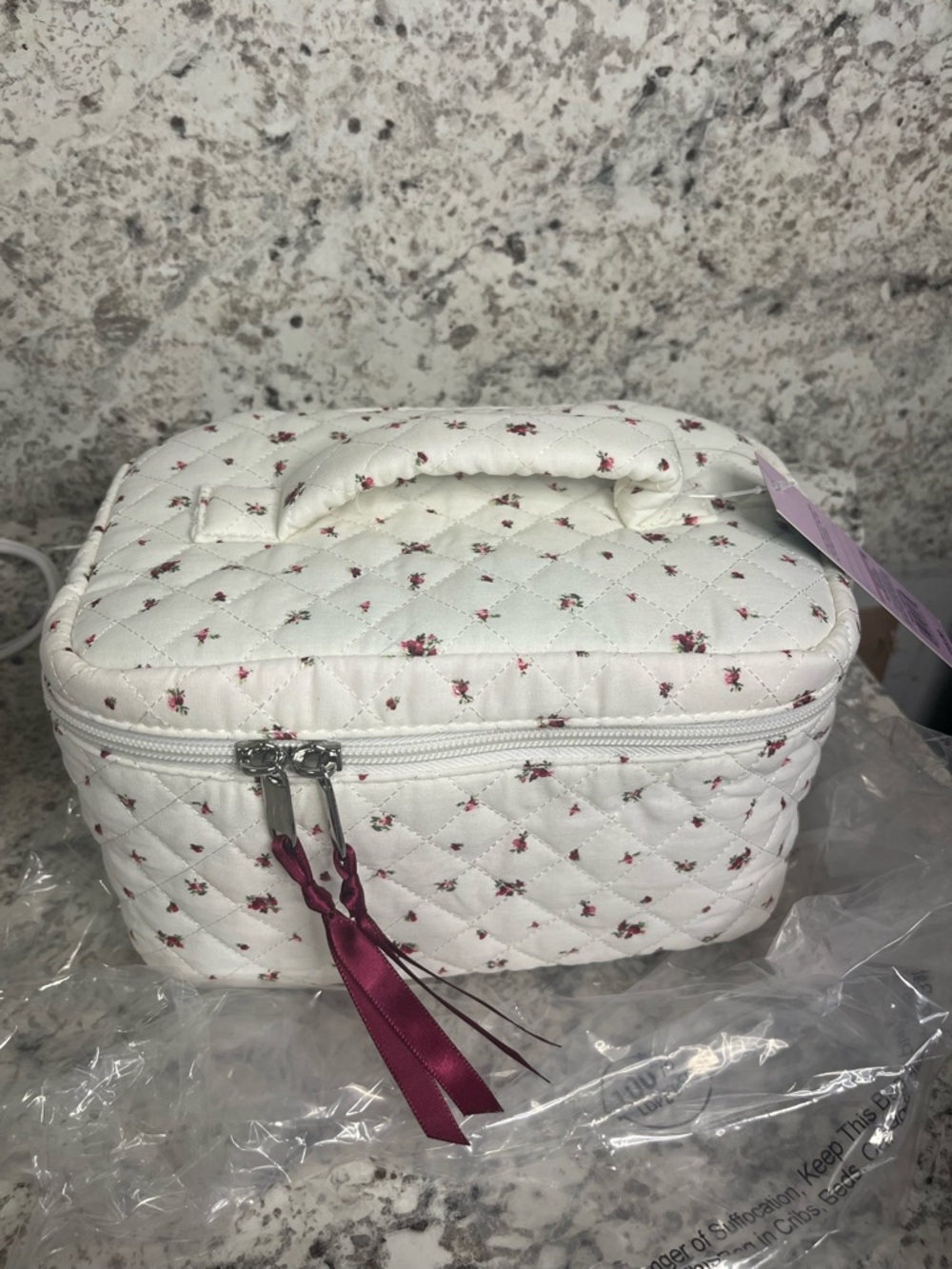 wild fable White Quilted Floral Makeup Case with Pink Accents